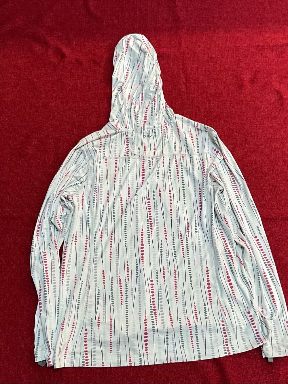 Orvis Light Gray Hooded Shirt with Red and Dark Gray Dot Stripe Pattern
